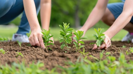 Two individuals planting young green seedlings in rich soil, promoting gardening, sustainability, and environmental awareness.