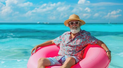 happy old man in summer and hat with sunglasses is sitting on an inflatable pink ring