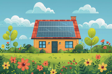 Wall Mural - Yellow eco house in ecological green area with solar panels install on roof, green grass, flowers, trees around. Concept of ecological energy, solar panels, alternative energy technologies