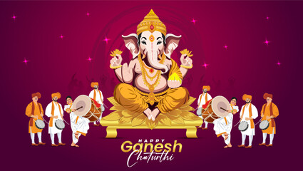 Wall Mural - Indian Religious Festival Ganesh Chaturthi Template Design of Lord Ganpati background with marron colour with pink star  Dancing ladies marathi dance  musical instrument like dhol tasha