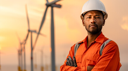 Offshore Wind Energy Engineer Dedicated professional wearing protective gear and helmet  standing amidst large wind turbines over the ocean symbolizing renewable energy and sustainable technology  