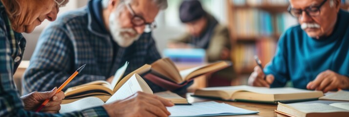 Poster - A group of elderly people focuses on studying foreign languages using textbooks and dictionaries in a community center during the afternoon. Generative AI