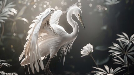Naklejka na meble A white egret with wings spread stands in a lush green forest, bathed in soft sunlight.