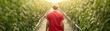 © Pual GotoMars - A farmer walking through rows of green crops, symbolizing sustainable agriculture and connection to nature in a serene environment.