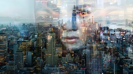 A surreal composite of a female face merging with a complex urban landscape, highlighted by a transparent, dream-like quality.