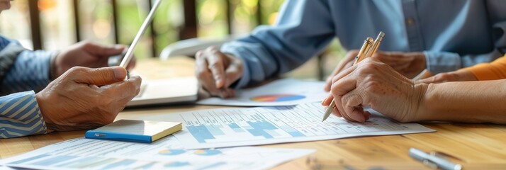 Poster - Elderly individuals are engaged in collaborative work, discussing financial reports and graphs at a table filled with papers and digital devices. Generative AI