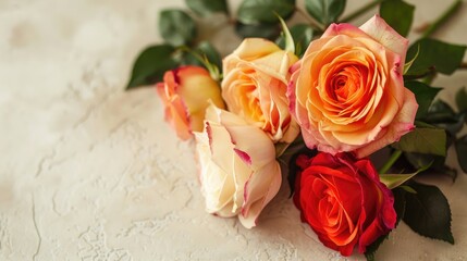 Sticker - Fresh and vivid roses on a light background with space for text Close up view