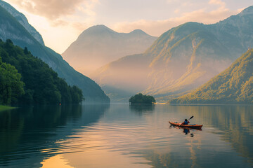 Wall Mural - Kayaker on a peaceful lake adventure