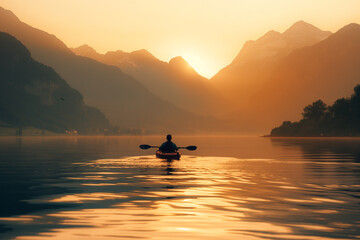 Wall Mural - Kayaker exploring a serene lake