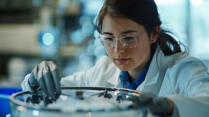 Wall Mural - A researcher using a centrifuge to separate samples, focused process