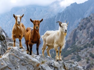 Canvas Print - Herd of Agile Goats Climbing Rugged Rocky Terrain in Majestic Mountain Landscape Showcasing Adaptability of Diverse Farming long title A herd of