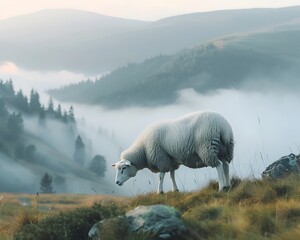 Sticker - Sheep Grazing on Misty Hillside at Dawn Tranquil Pastoral Landscape with Copy Space