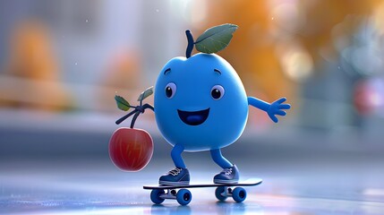 Wall Mural - Cartoon Cool Skating Blueberry Character 3D randering.