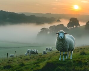 Wall Mural - Sheep Grazing on Misty Hillside at Dawn Tranquil Pastoral Landscape Scene