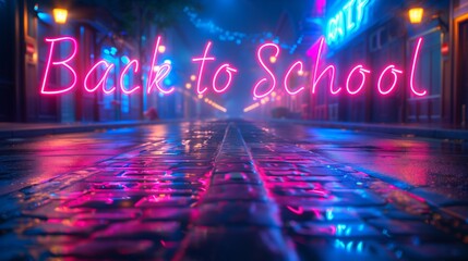 A wet cobblestone street illuminated by neon signs, with the words Back to School prominently displayed in pink neon.