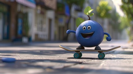 Wall Mural - Cartoon Cool Skating Blueberry Character 3D randering.