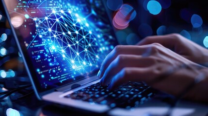 Hands typing on a laptop with a network security interface on the screen