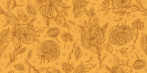 Leinwandbilder - Floral pattern of branches, leaves and buds. Seamless floral and monotonous pattern.