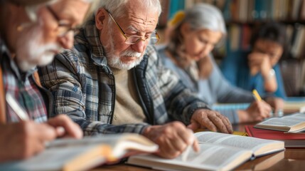Poster - A group of elderly learners focus on studying foreign languages using textbooks and dictionaries in a warm library atmosphere. Generative AI