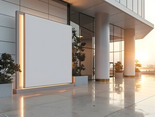 Empty White Signboard Mockup at the Entrance of a Modern Sports Stadium with Sleek Architectural Style and Warm Lighting