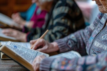 Poster - Group of older adults studying foreign languages together, using textbooks and dictionaries in a warm and inviting space. Generative AI