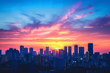 Poster - Vibrant Sunset Over City Skyline with Silhouette of Skyscrapers