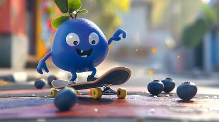 Wall Mural - Cartoon Cool Skating Blueberry Character 3D randering.