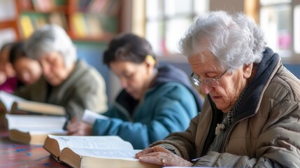 Poster - A group of elderly people study foreign languages, deeply focused on their textbooks and dictionaries in a cozy community setting. Generative AI