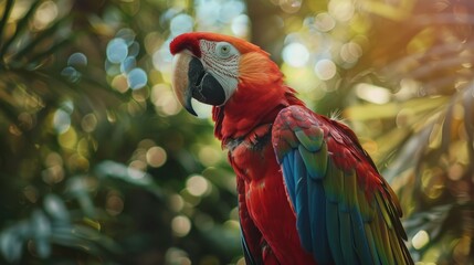 Poster - Gorgeous macaw with blurred forest background in shallow depth of field Great for diverse ideas