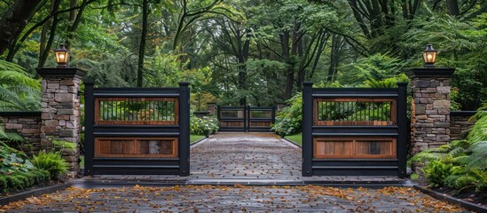 Poster - Wooden Gate Entrance to a Lush Green Garden