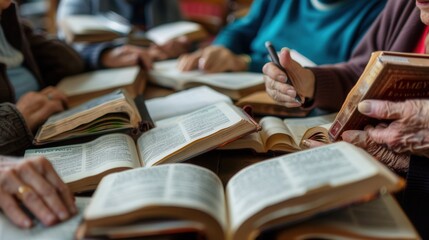 Poster - Elderly individuals collaborate to learn foreign languages using textbooks and dictionaries in a community study session. Generative AI
