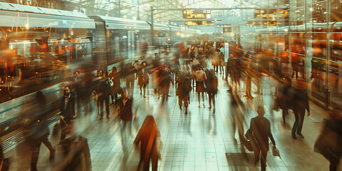 A bustling train station, trains coming and going, passengers rushing to catch their rides, the sound of announcements over the loudspeaker