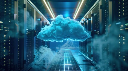 A blue cloud is floating above a computer server room