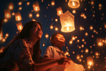 Wall Mural - Family participating in a traditional lantern festival