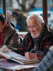 Poster - Elderly individuals focus intently on their language studies, using textbooks and dictionaries in a warm café setting, exchanging ideas and knowledge. Generative AI