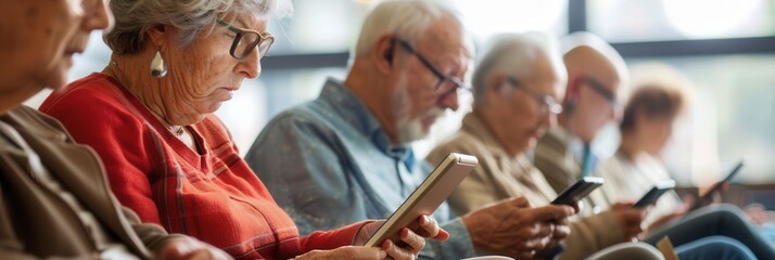 Aufkleber - Elderly individuals are focused on their mobile devices while seated in a bright, contemporary waiting area. Generative AI