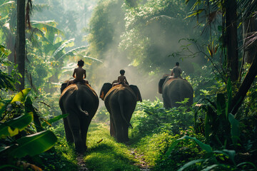 Wall Mural - Family riding elephants in exotic jungle