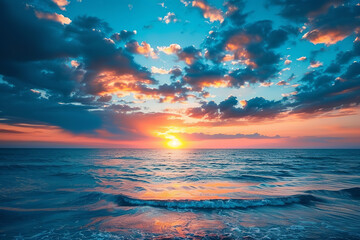 Wall Mural - Stunning Ocean Sunset under a Vivid Blue and Orange Sky  