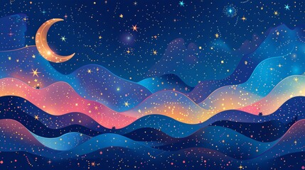 Wall Mural - cosmic dreams - vibrant vector night sky with crescent moon and stars in colorful galaxy pattern