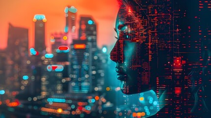 Wall Mural - A conceptual image of a human head silhouette with digital elements, representing themes of AI and cybersecurity.