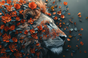 Wall Mural - A striking illustration of a lion made from a collage of flowers and leaves, showcasing its majestic mane and regal presence,