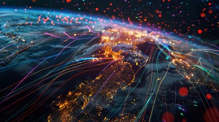 Wall Mural - Dynamic digital representation of a cityscape at night, featuring multicolored data streams and lights, symbolizing high-speed data transmission and urban connectivity.

