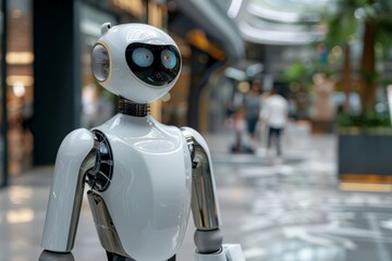 Modern robot in a shopping mall symbolizing technology innovation and retail in a contemporary high tech setting