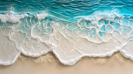 Overhead photo of crashing waves on the shoreline beach. Tropical beach surf. Abstract aerial ocean view