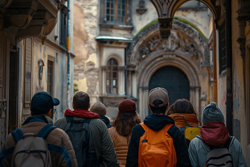 Wall Mural - Group of friends on historical exploration