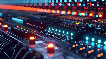 Wall Mural - A close-up view of a digital sound mixing console with glowing buttons and sliders, highlighting the technology used in audio production and live performances.