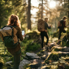 Wall Mural - Hikers using a map app to explore trails