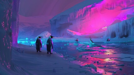 Wall Mural - Neon penguins on an icy shore