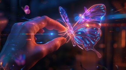 Wall Mural - Digital Butterfly in Hand, Neon Glow