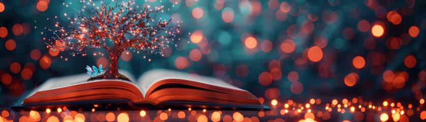 Wall Mural - open book with an illuminated magical tree growing from its pages, against a backdrop of shimmering,